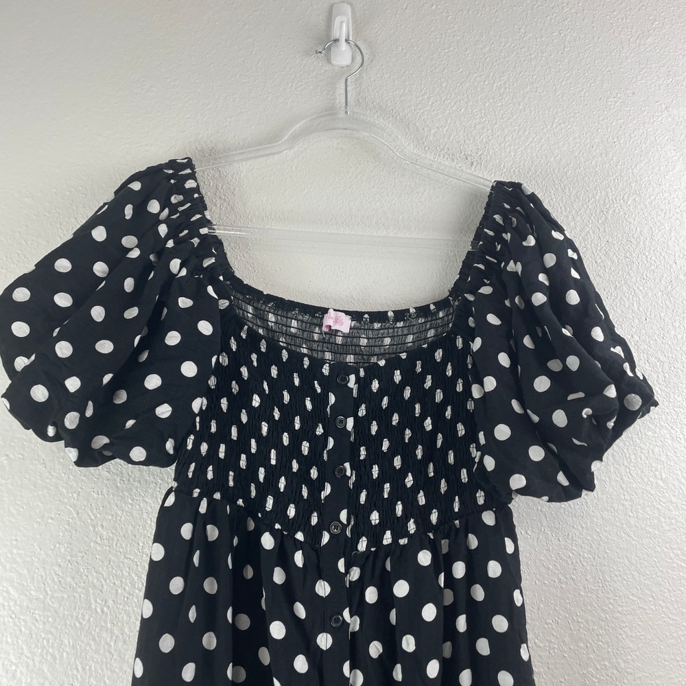 Pink Lily Womens Polka Dot Smocked Puff Sleeve Maxi Dress Milkmaid Black Large - Picture 3 of 6